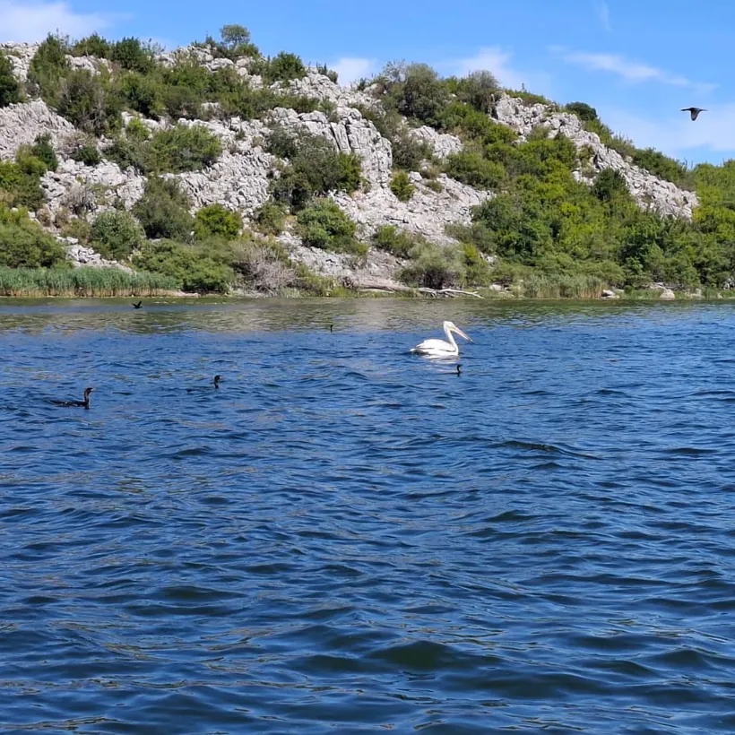 Rocky islands rising from the calm lake